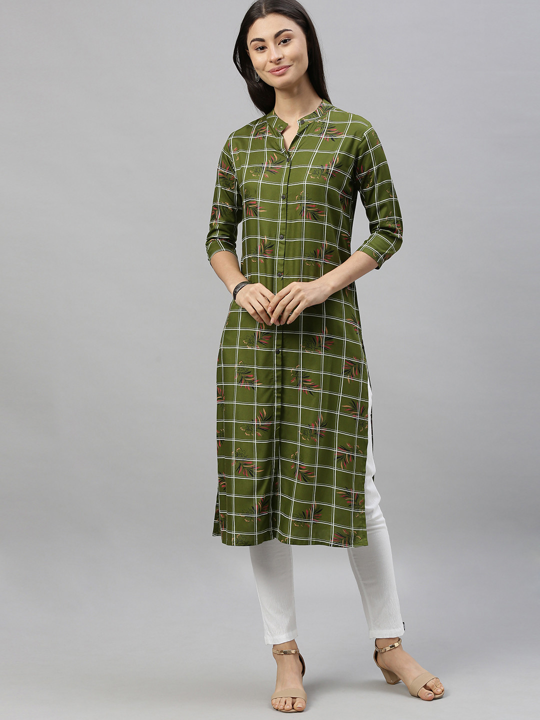 

MIMOSA Women Olive Green & White Checked Straight Kurta
