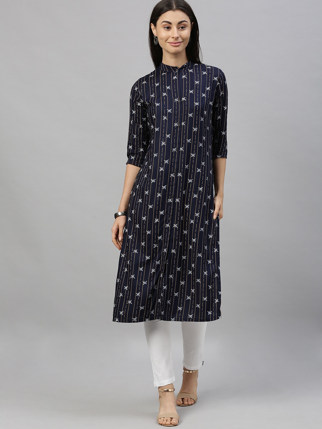 

MIMOSA Women Navy Blue & Yellow Printed Straight Kurta
