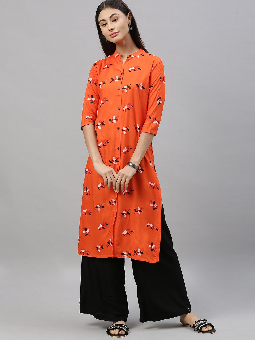 

MIMOSA Women Orange & White Printed Straight Kurta