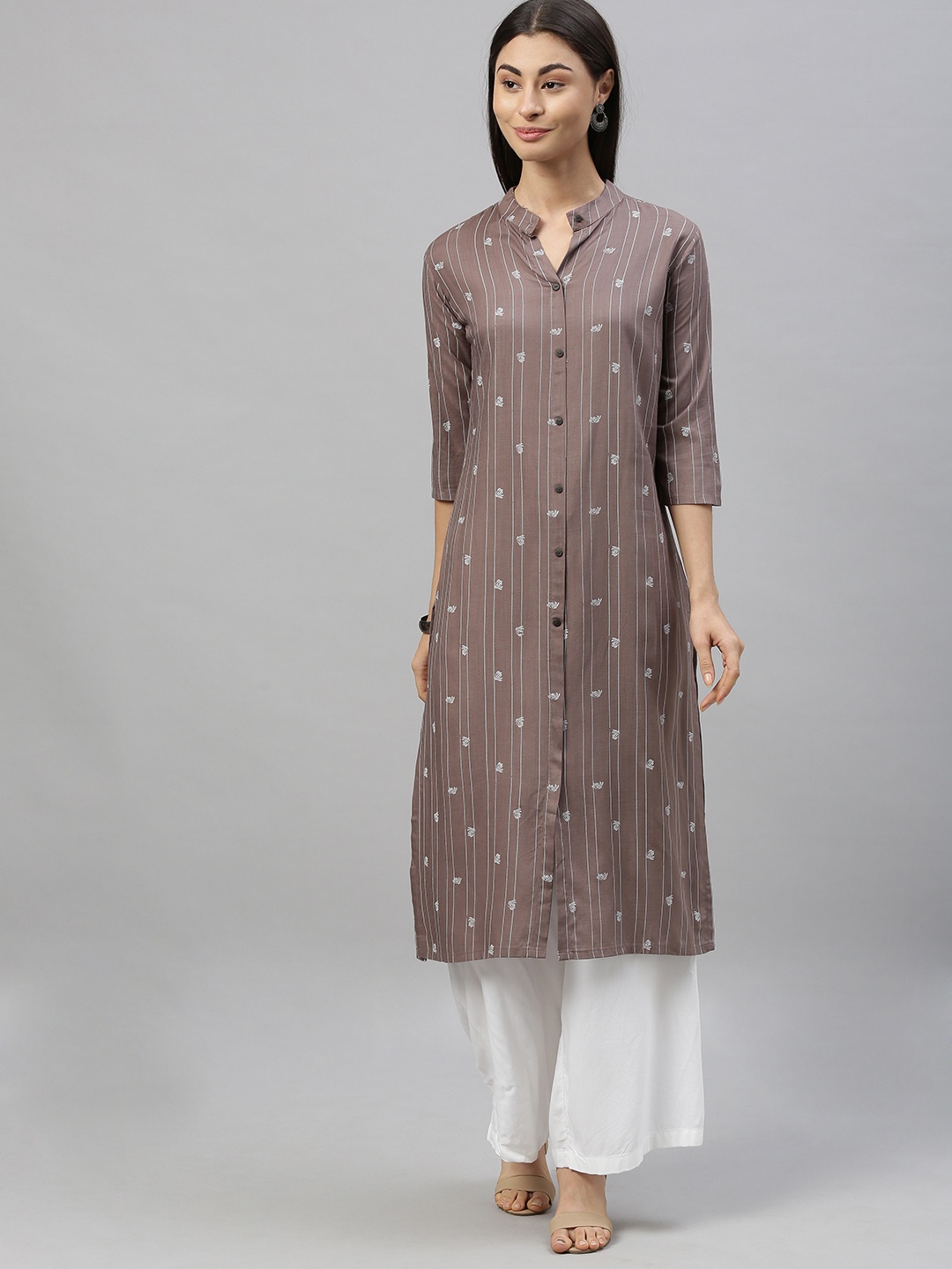 

MIMOSA Women Taupe & Off-White Striped Straight Kurta