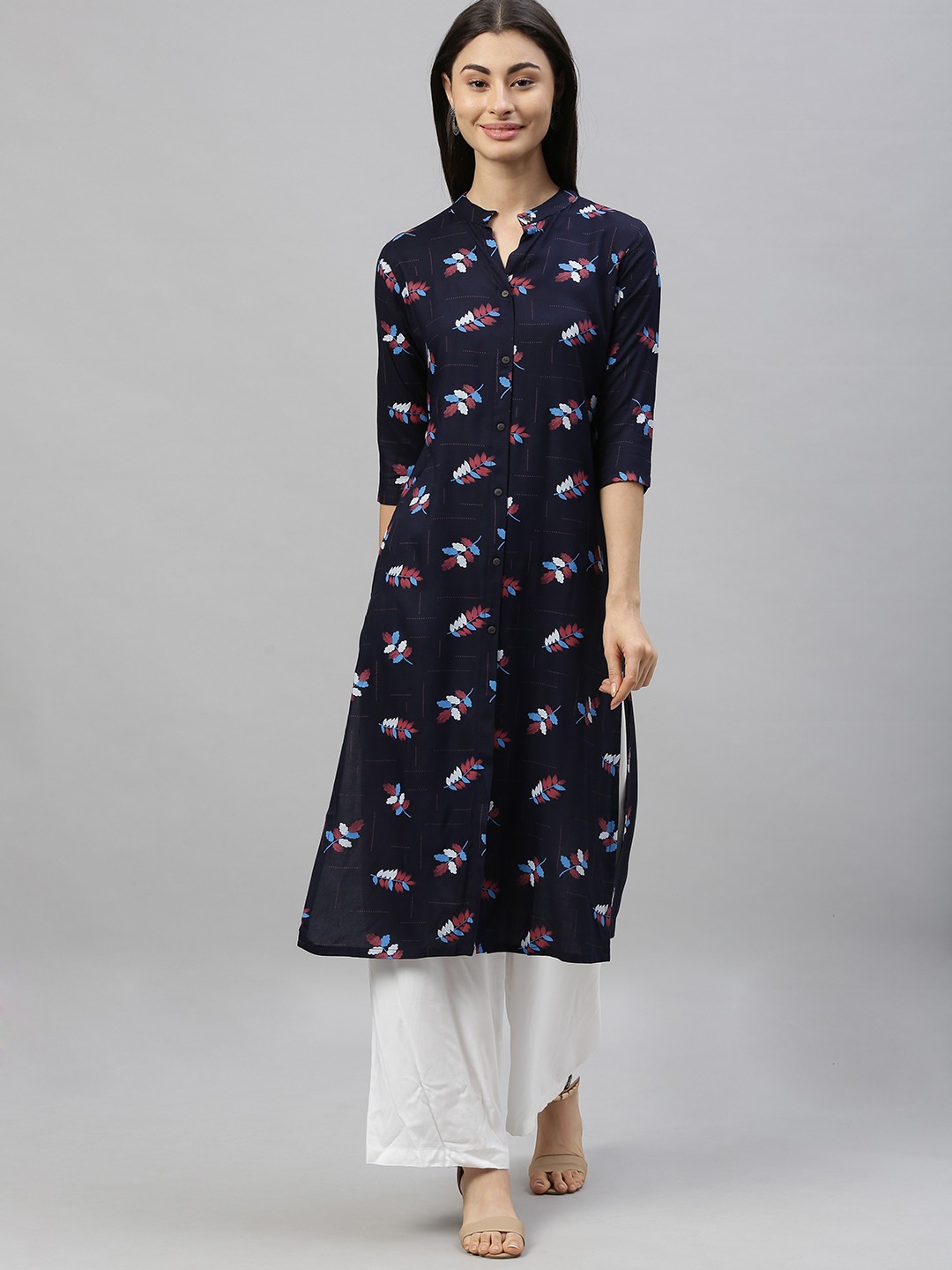 

MIMOSA Women Navy Blue Printed Straight Kurta