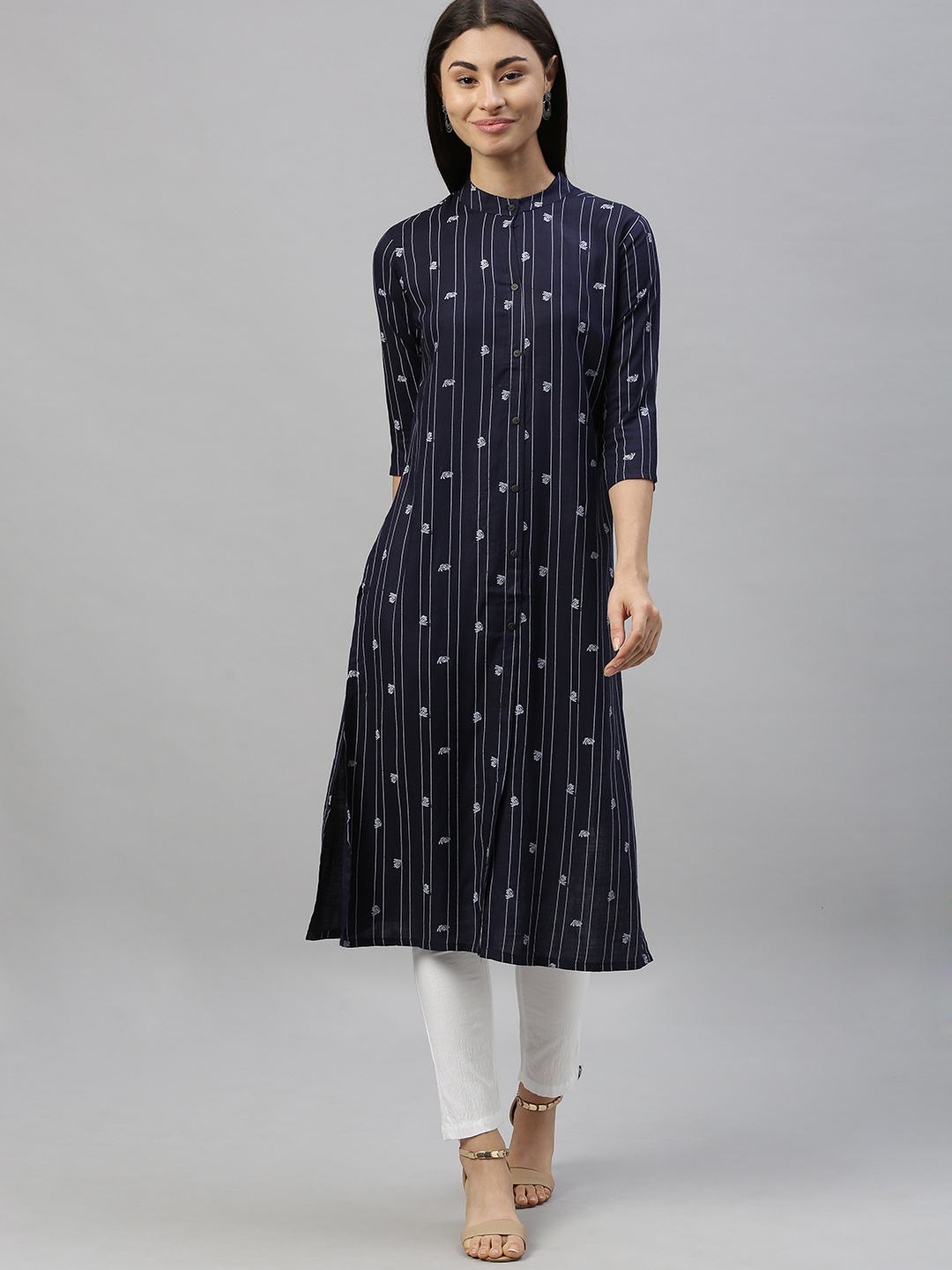 

MIMOSA Women Navy Blue & White Printed Straight Kurta