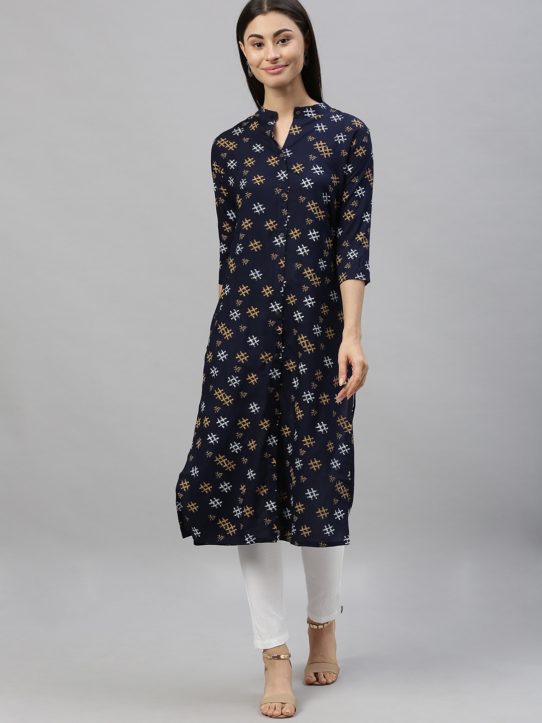 

MIMOSA Women Navy Blue & White Printed Straight Kurta