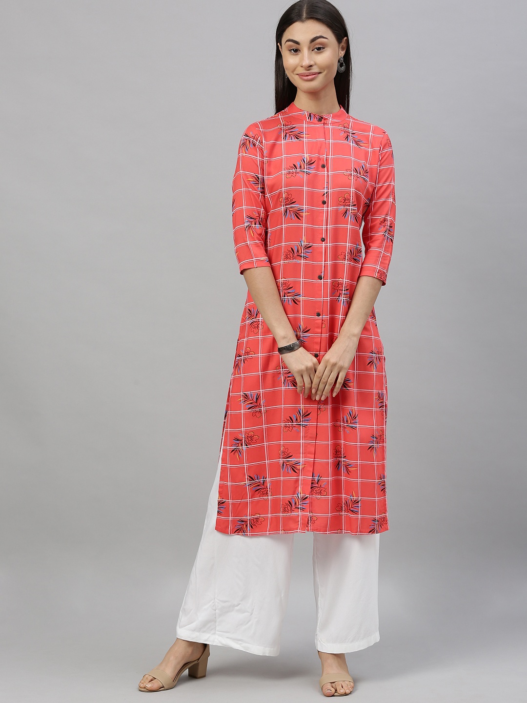 

MIMOSA Women Coral & White Printed Straight Kurta