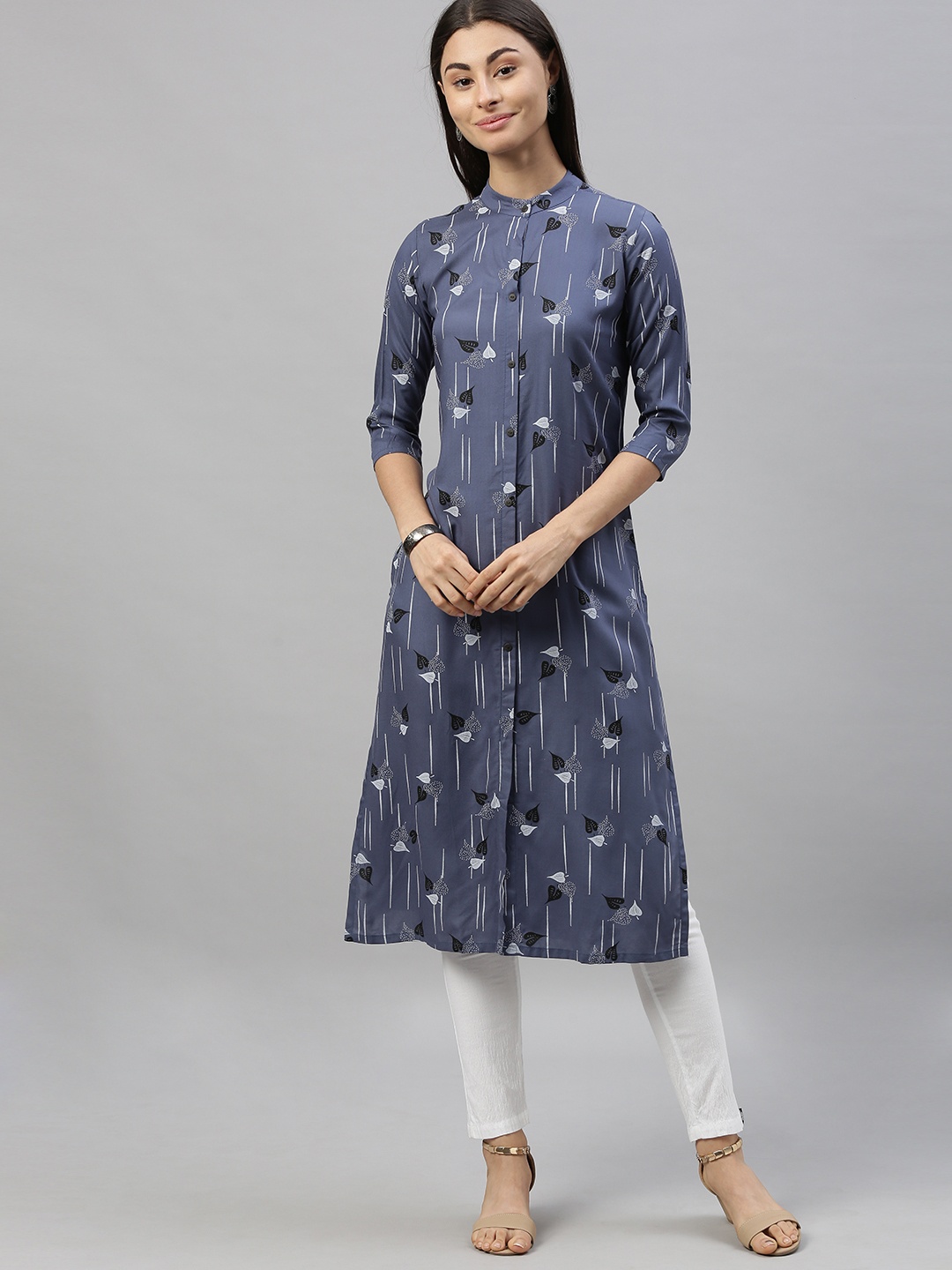 

MIMOSA Women Grey & White Printed Straight Kurta