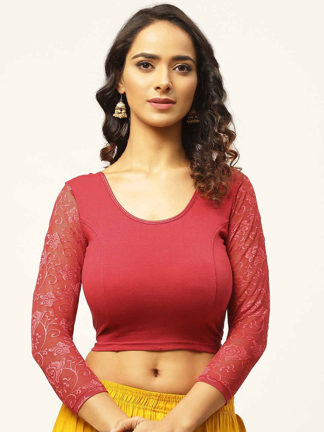 

VASTRANAND Women Maroon Solid Stretchable Saree Blouse With Lace Detail
