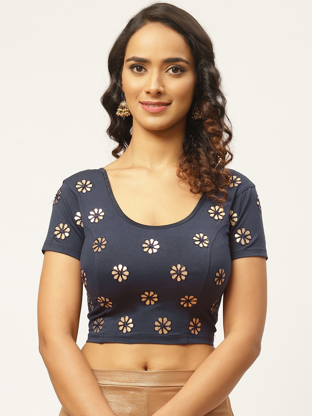 

VASTRANAND Women Navy Blue & Golden Gotta Patti Stretchable Saree Blouse