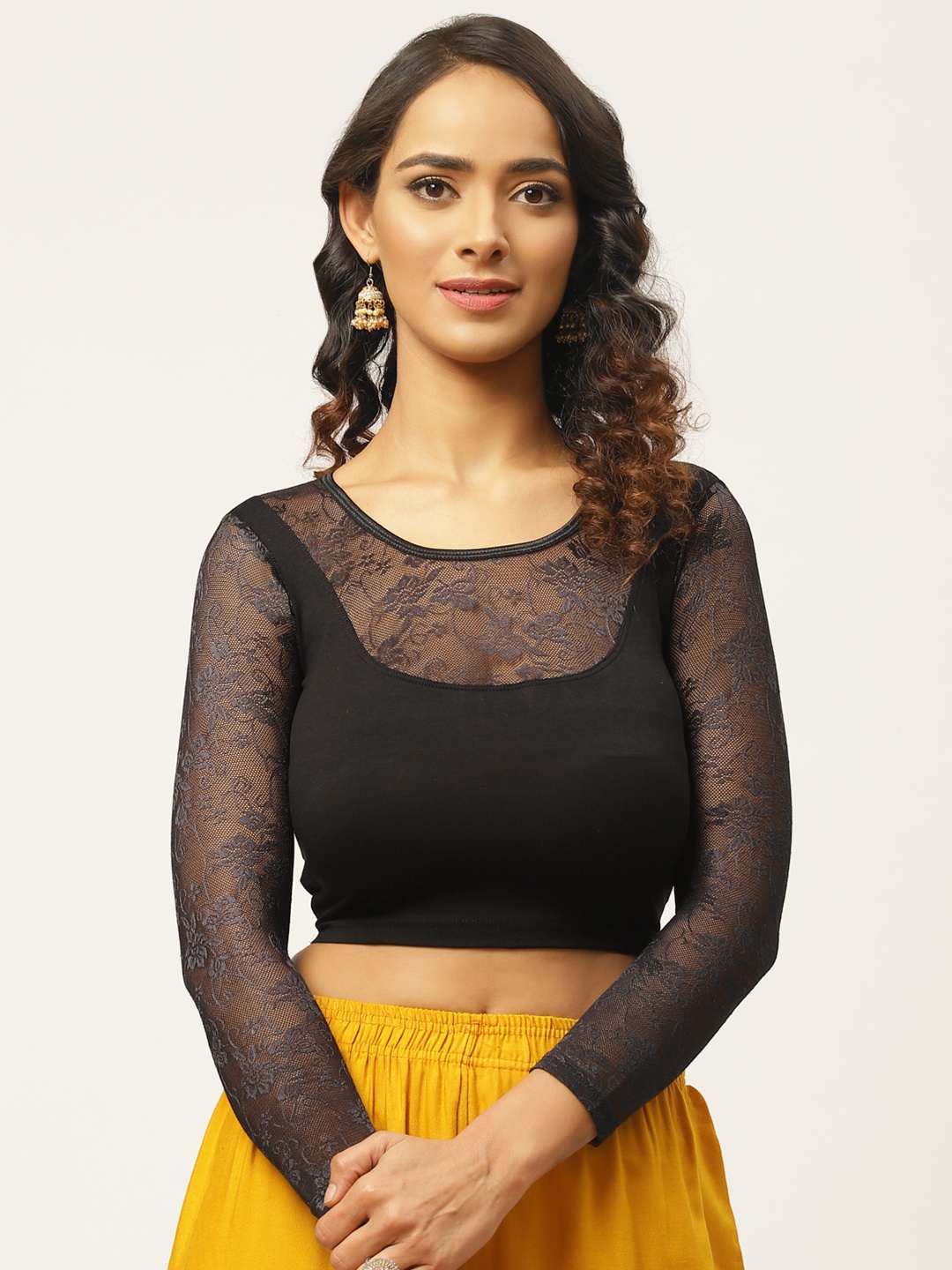 

VASTRANAND Women Black Solid Stretchable Saree Blouse With Lace Detail