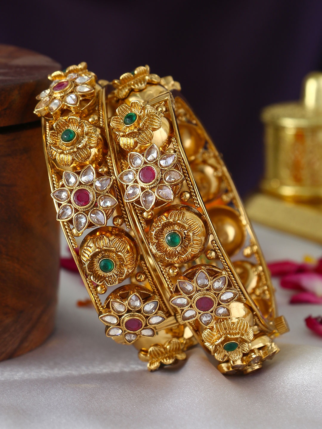 

Adwitiya Collection Set of Two 24 Carat Gold-Plated Maroon & Green Artificial Stone Studded Handcrafted Bangles