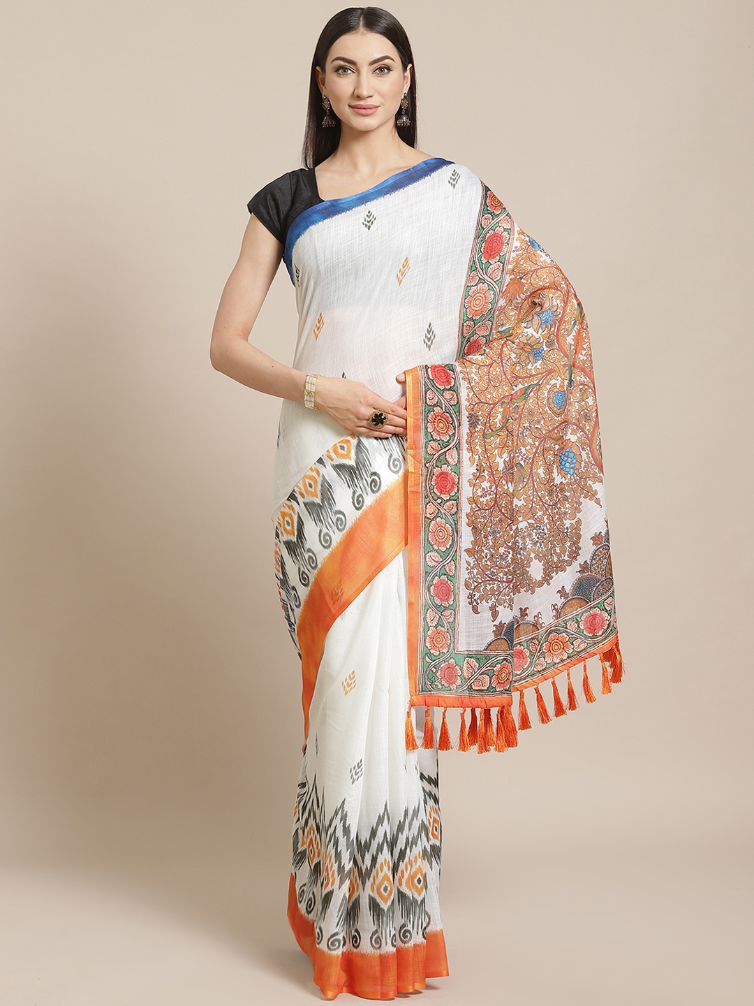 

VASTRANAND White & Orange Floral Printed Ikat Designer Saree
