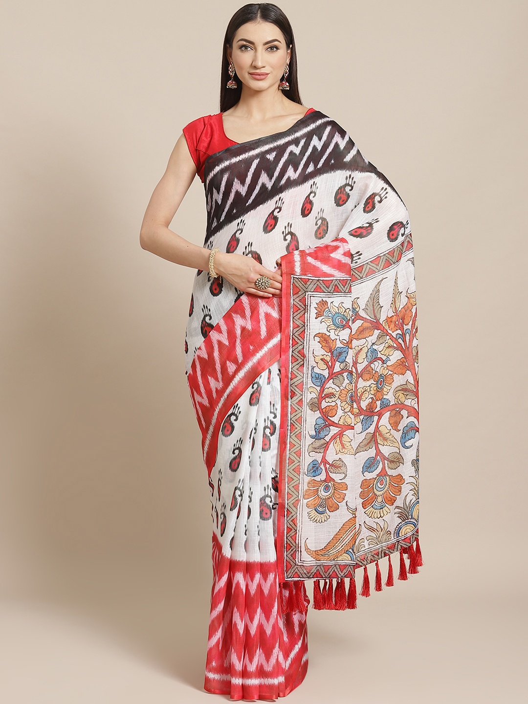 

VASTRANAND White & Black Floral Printed Ikat Designer Saree