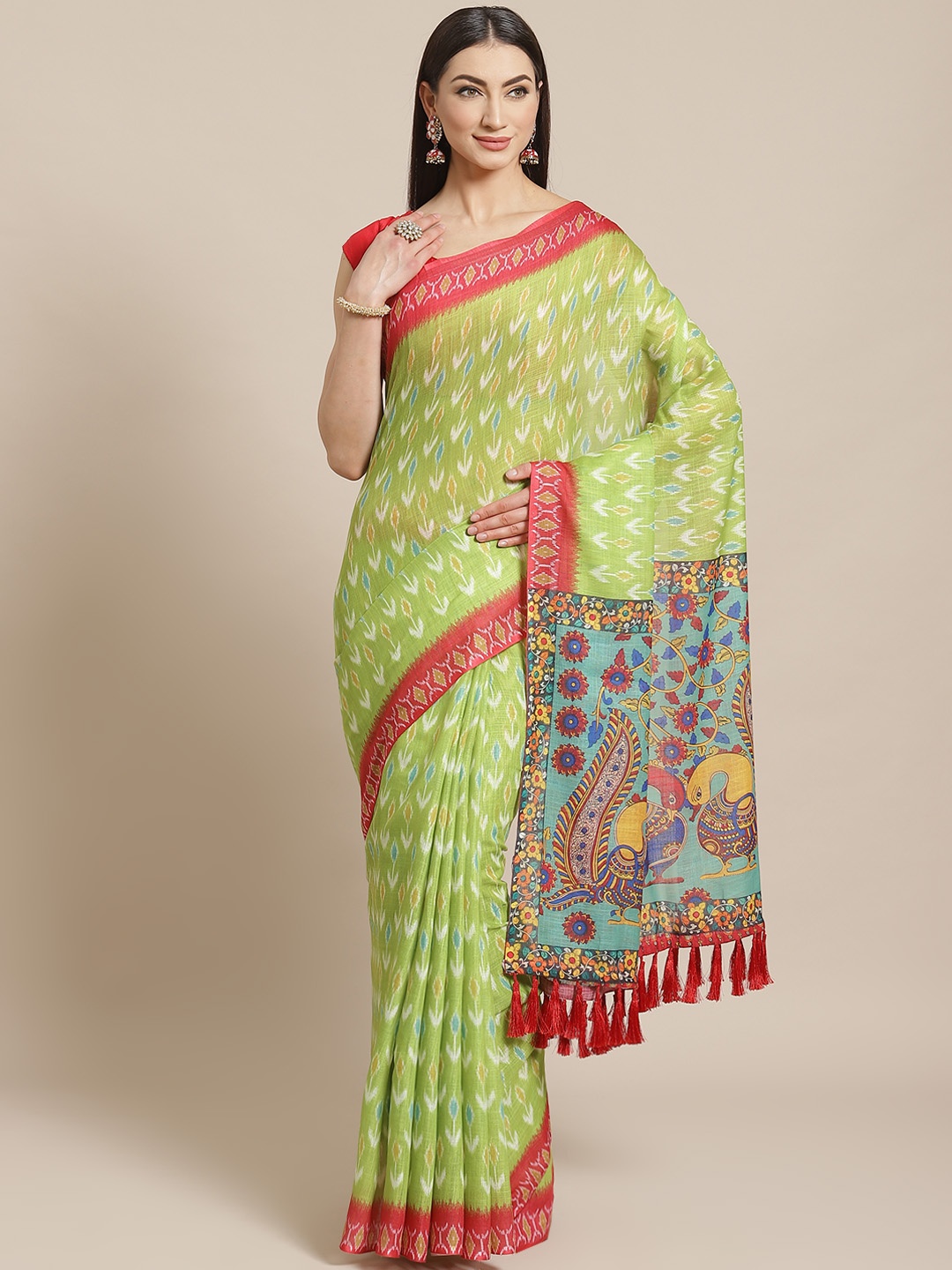 

VASTRANAND Green & Blue Printed Ikat Saree