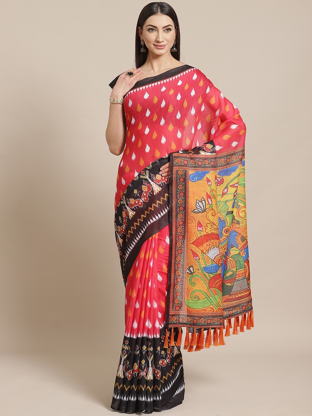 

VASTRANAND Pink & White Printed Pochampally Saree