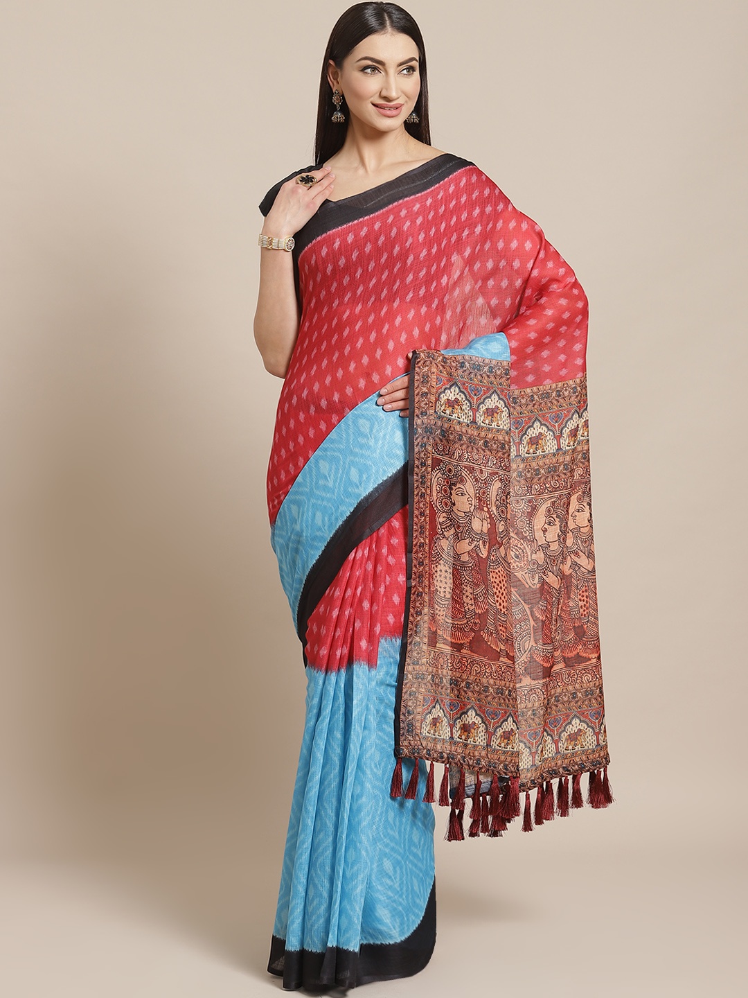 

VASTRANAND Blue & Red Colourblocked Ikat Saree
