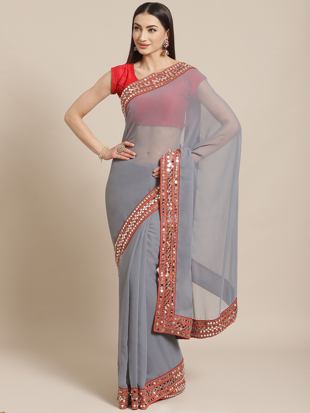

VASTRANAND Grey Solid Mirror Work Saree