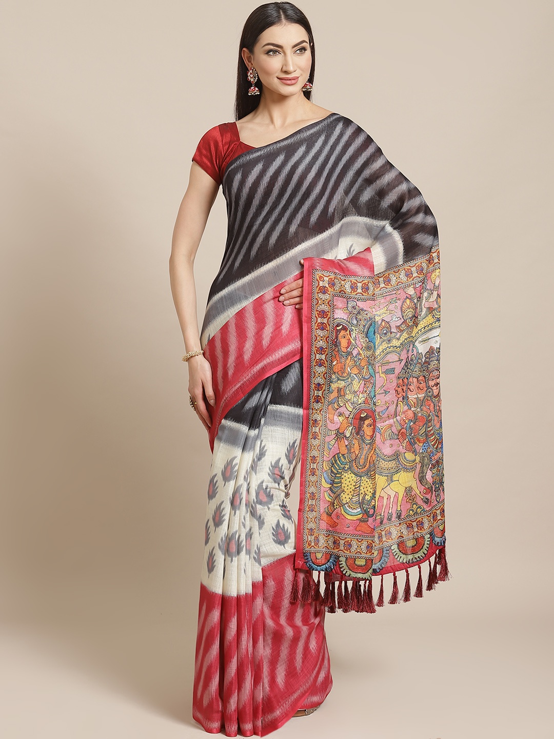 

VASTRANAND Beige & Black Printed Half and Half Ikat Saree