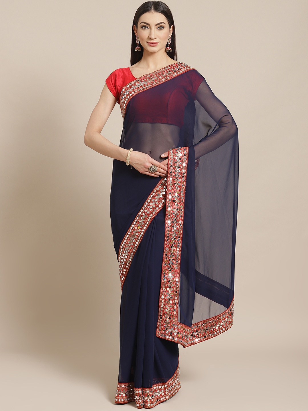 

VASTRANAND Navy Blue Mirror Work Solid Saree