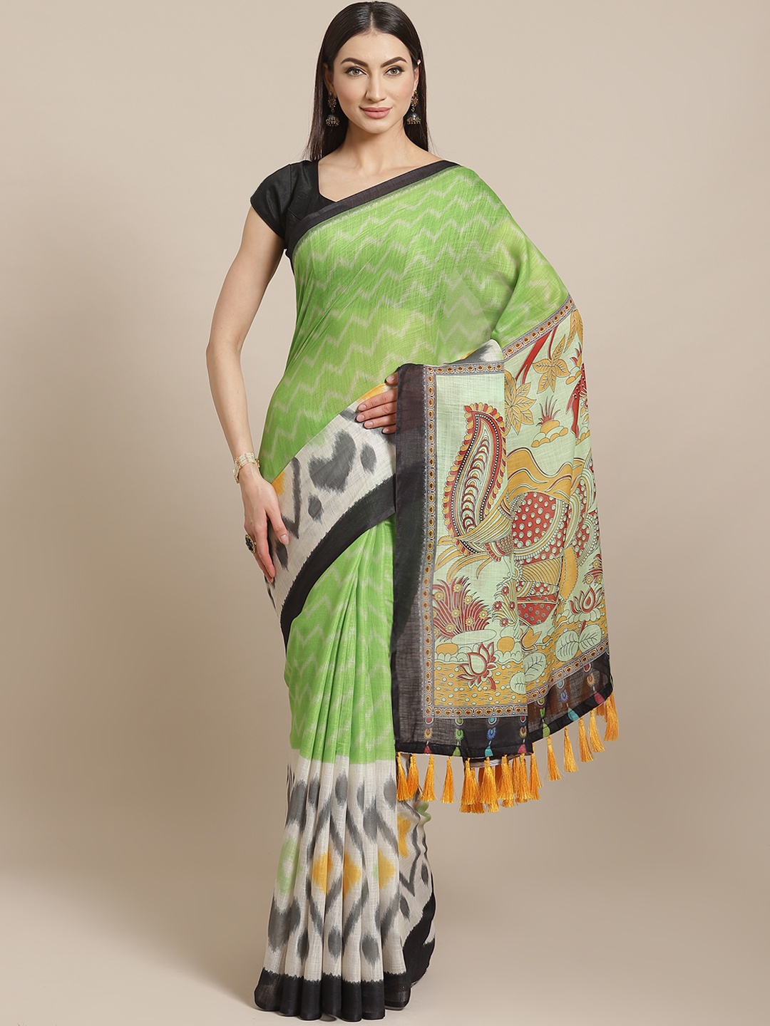 

VASTRANAND Green & Off-White Printed Ikat Saree