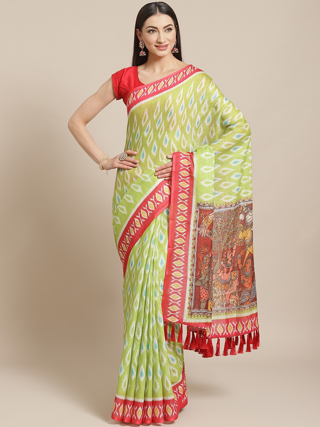 

VASTRANAND Green & White Printed Ikat Saree
