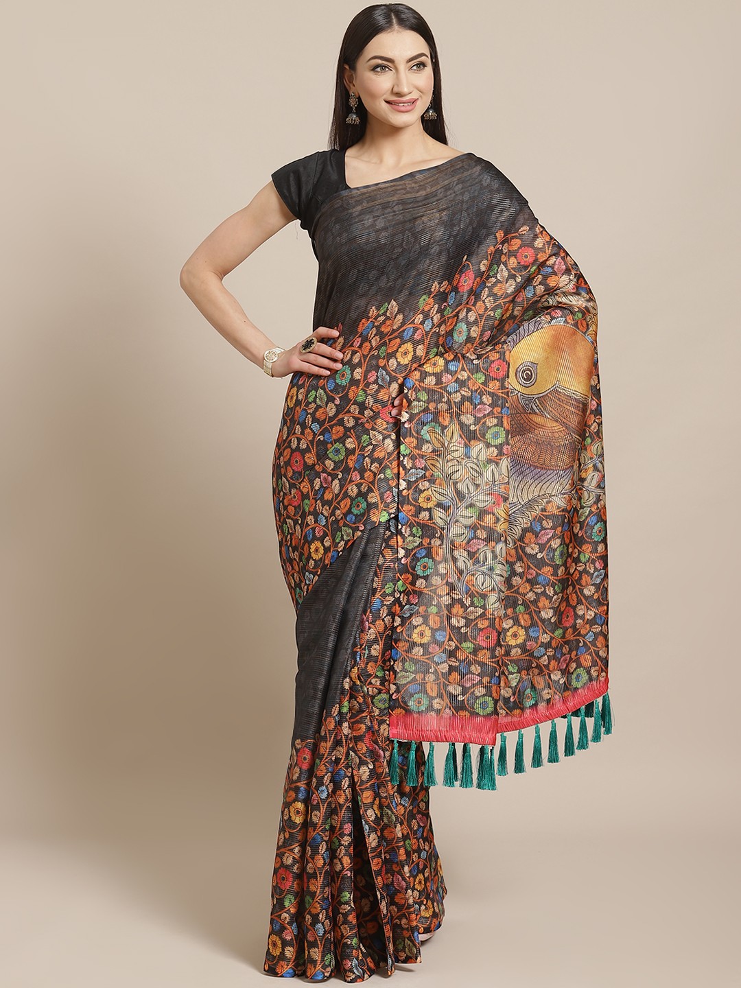 

VASTRANAND Black & Orange Digital Print Maheshwari Saree