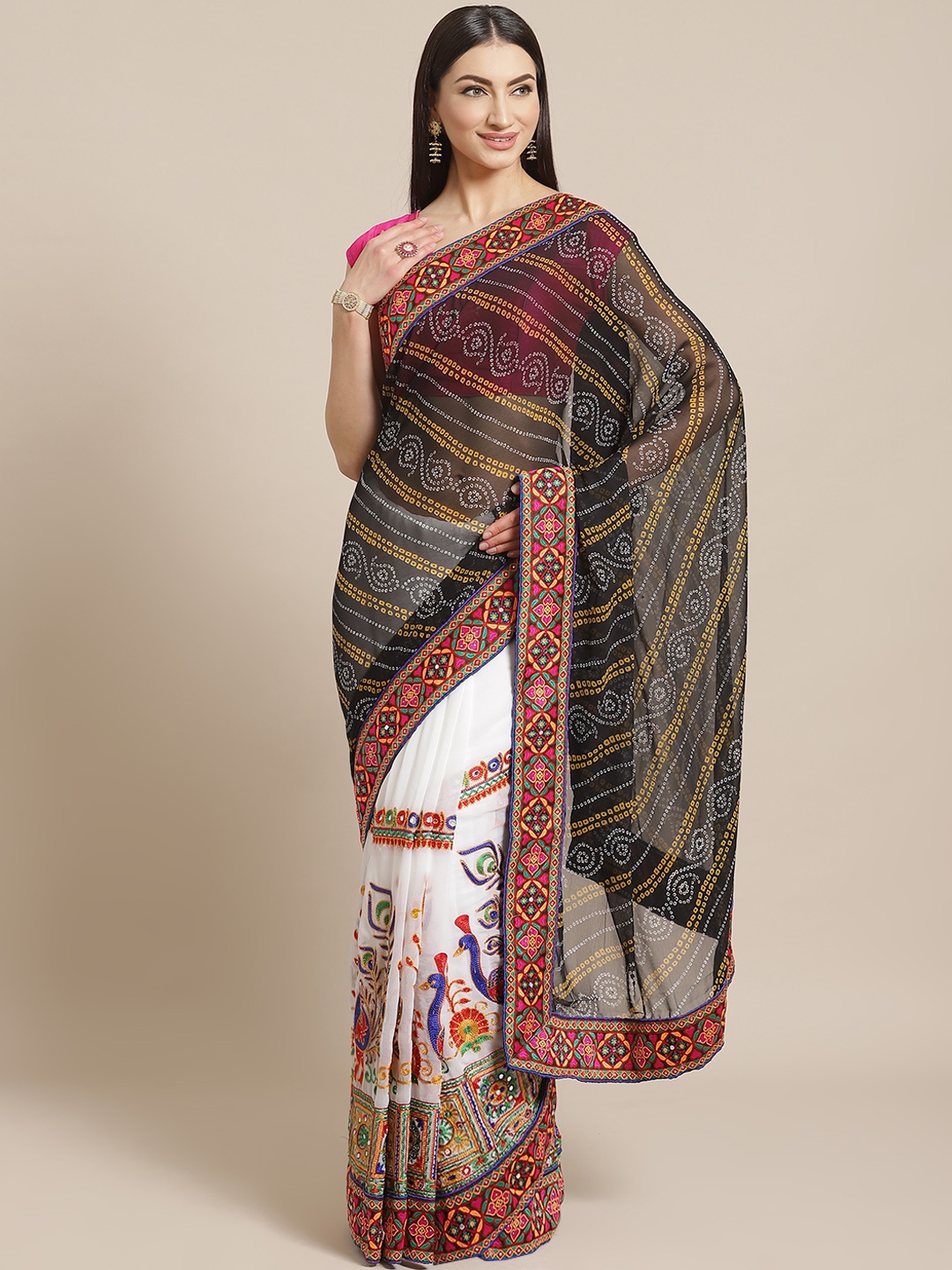 

VASTRANAND Black & White Kutchi Embroidered Half and Half Bandhani Saree