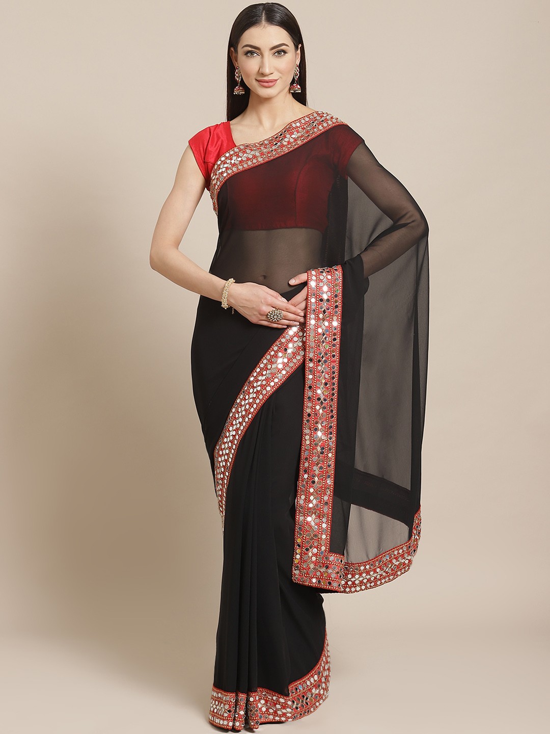 

VASTRANAND Black Mirror Work Solid Saree