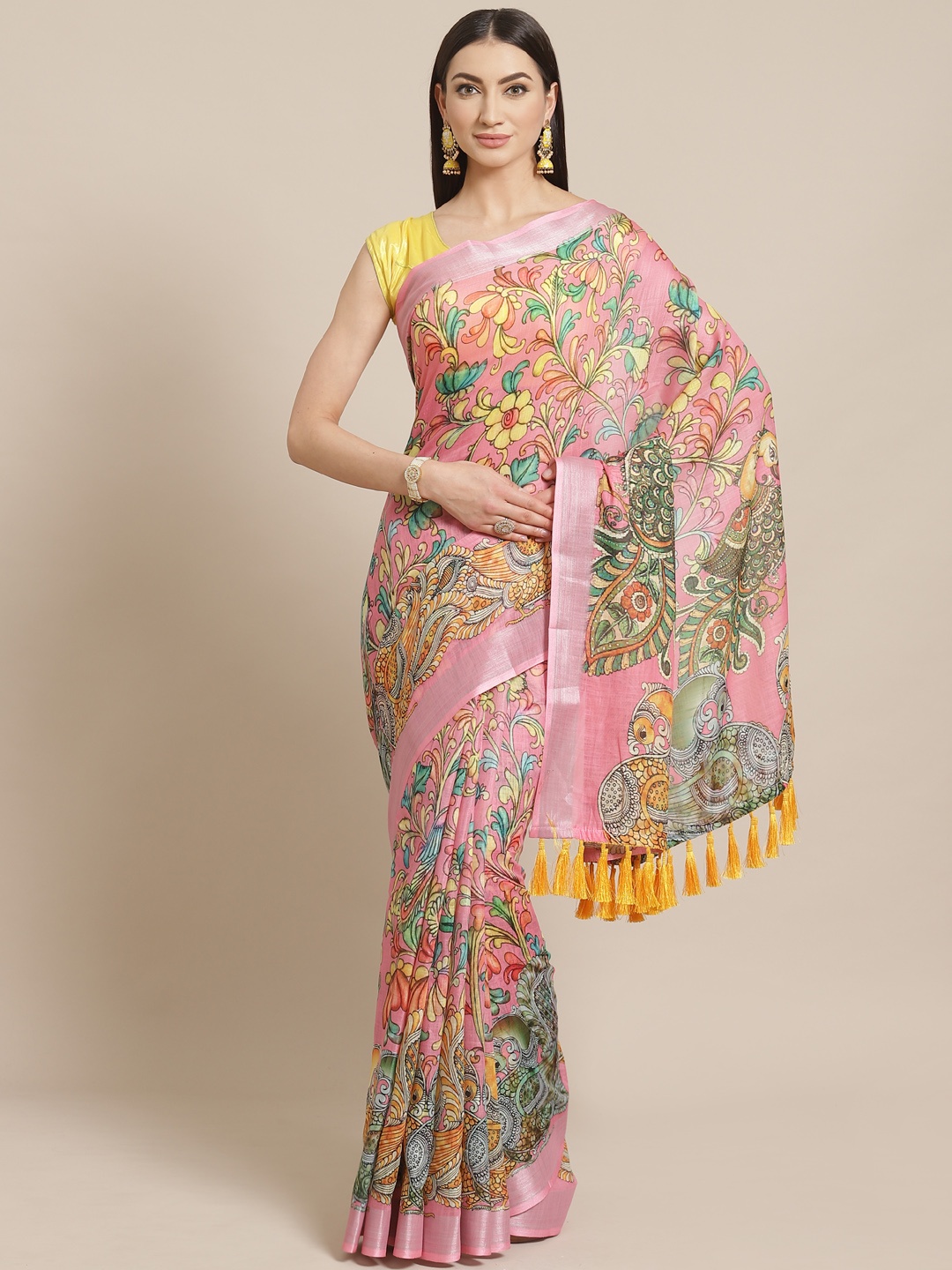 

VASTRANAND Pink & Yellow Kalamkari Print Saree