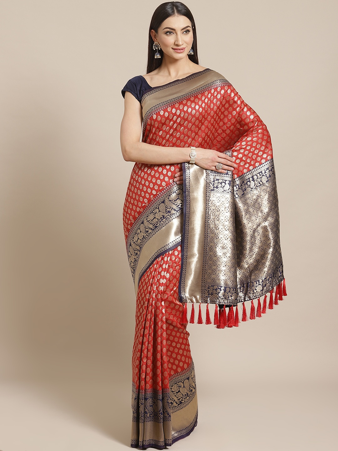 

VASTRANAND Red & Golden Zari Woven Design Banarasi Saree