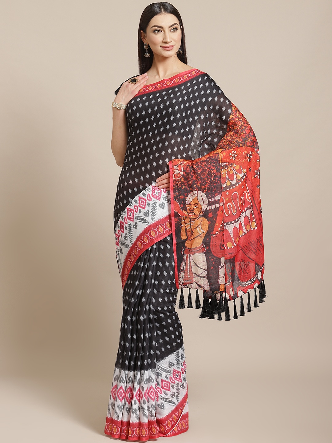 

VASTRANAND Black & White Ikat & Kalamkari Print Pochampally Saree