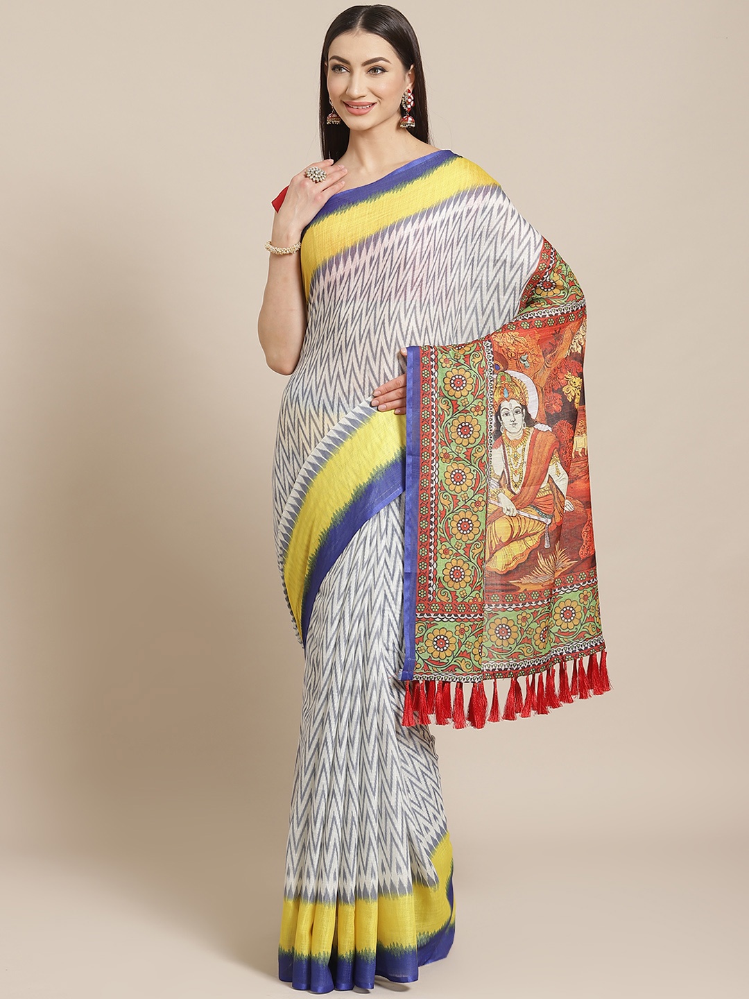 

VASTRANAND Off-White & Blue Printed Ikat Saree