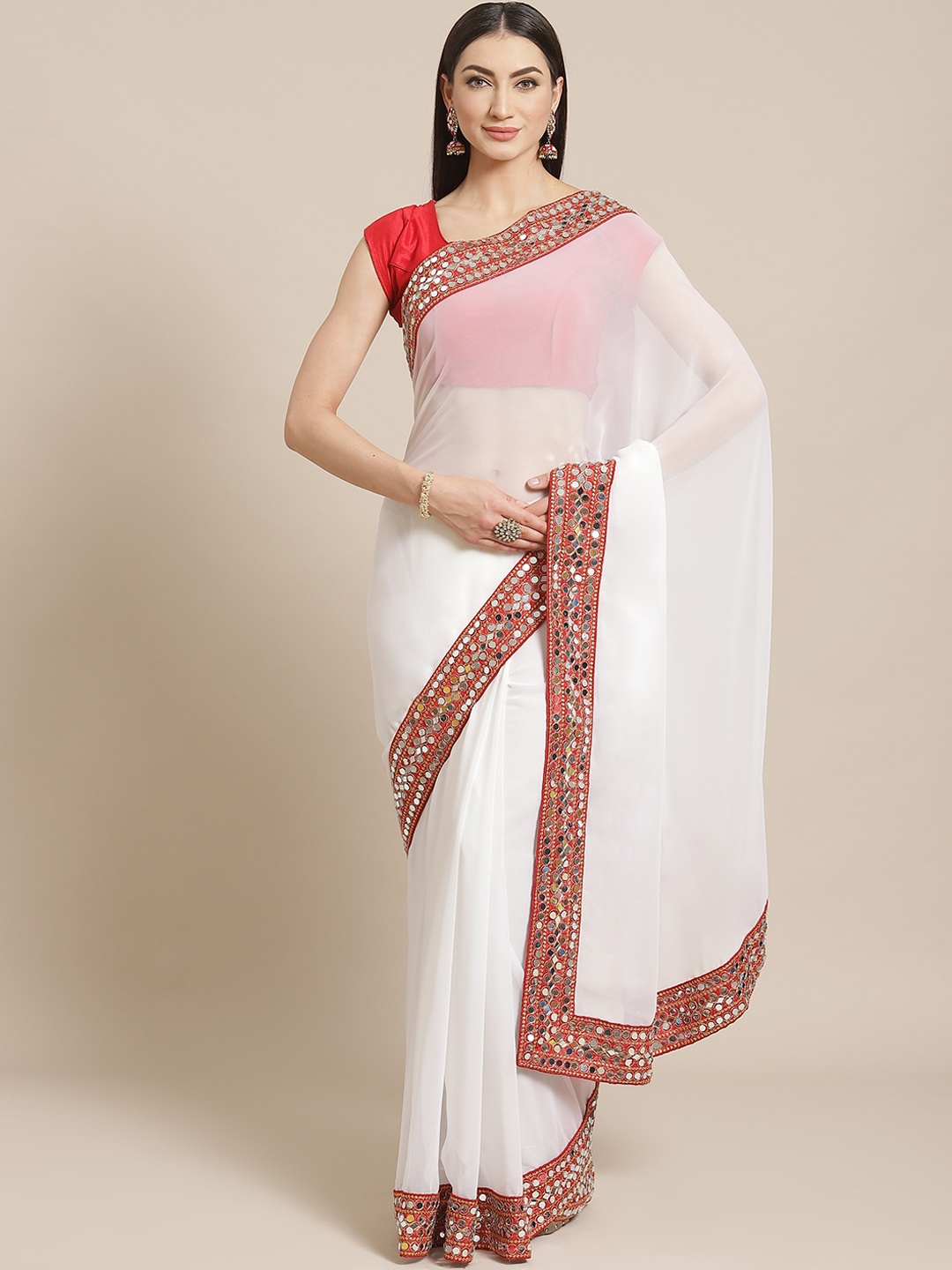

VASTRANAND White Solid Mirror Work Saree