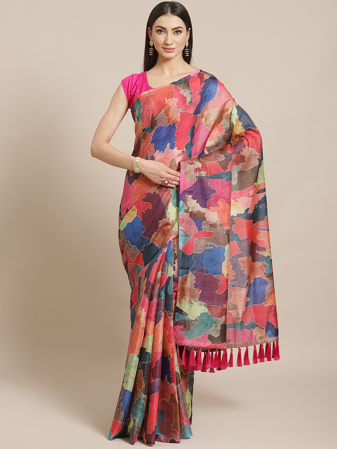 

VASTRANAND Red & Blue Digital Print Maheshwari Saree