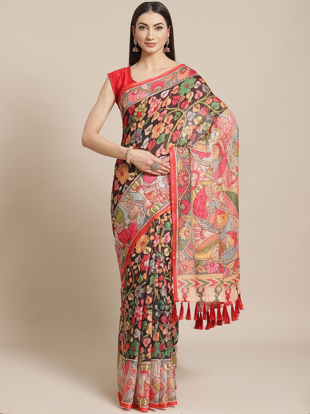 

VASTRANAND Black & Pink Kalamkari Print Saree