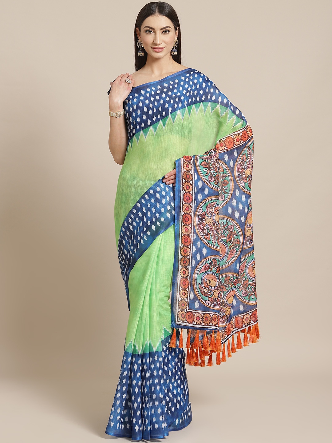 

VASTRANAND Green & Blue Printed Ikat Saree