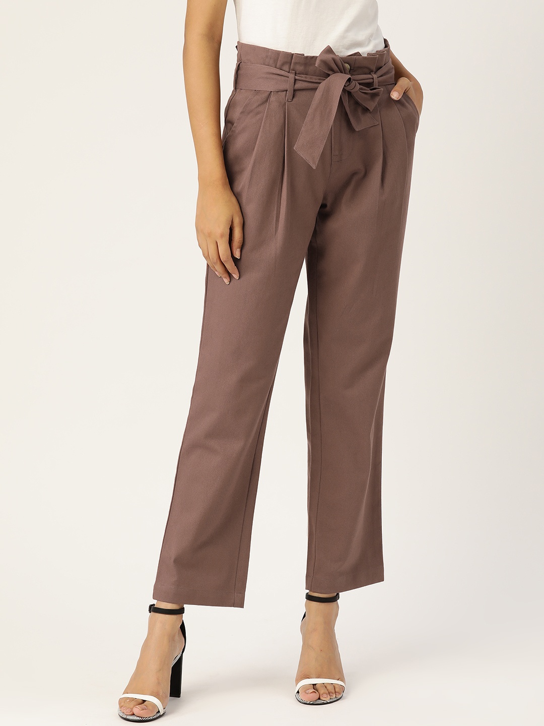 

Aayna Women Brown Urban Loose Fit Solid Peg Trousers with Belt