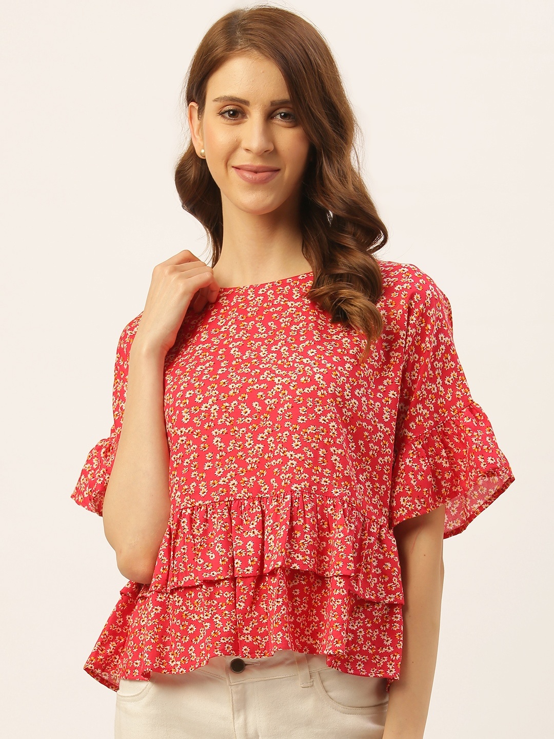 

Aayna Women Coral Red & Off-White Floral Print Top