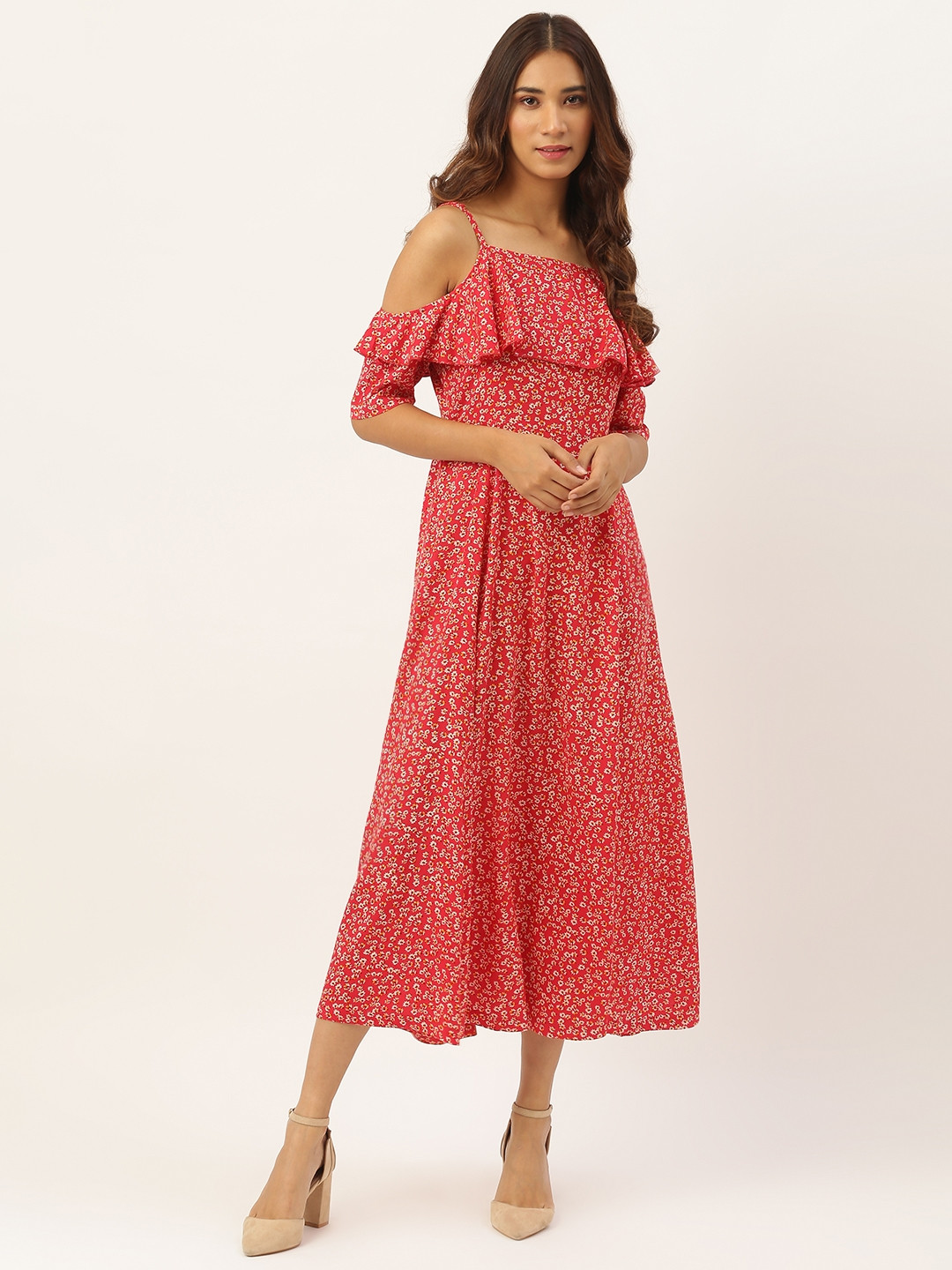 

Aayna Women Red & Off White Floral Print A-Line Dress
