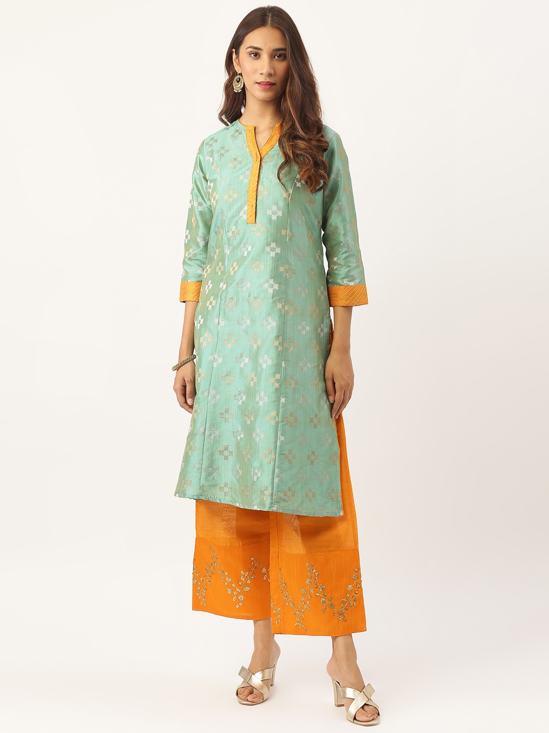 

Aayna Women Green & Orange Self Design Kurta with Palazzos