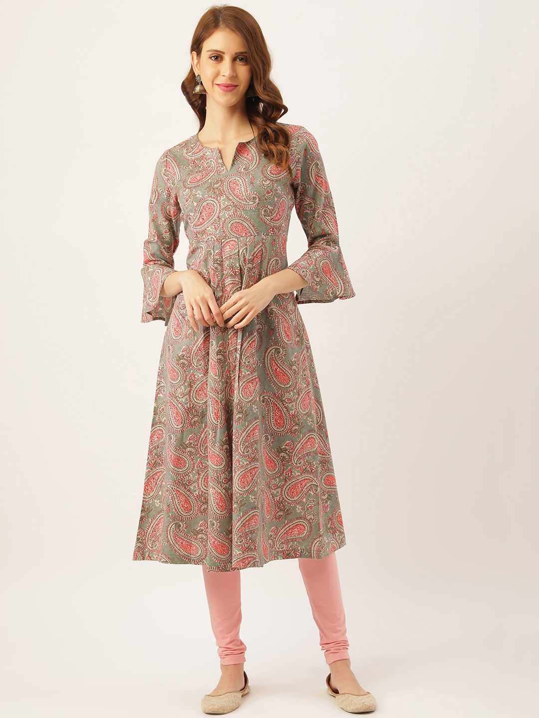 

Aayna Women Grey & Pink Handloom Block Paisley Print A-Line Kurta