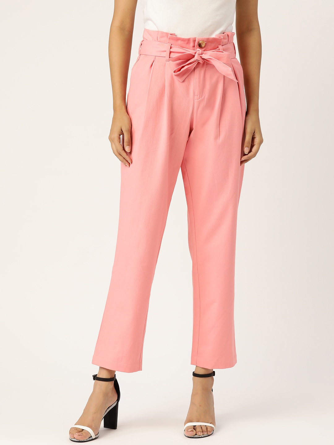 

Aayna Women Pink Urban Loose Fit Solid Peg Trousers with Belt
