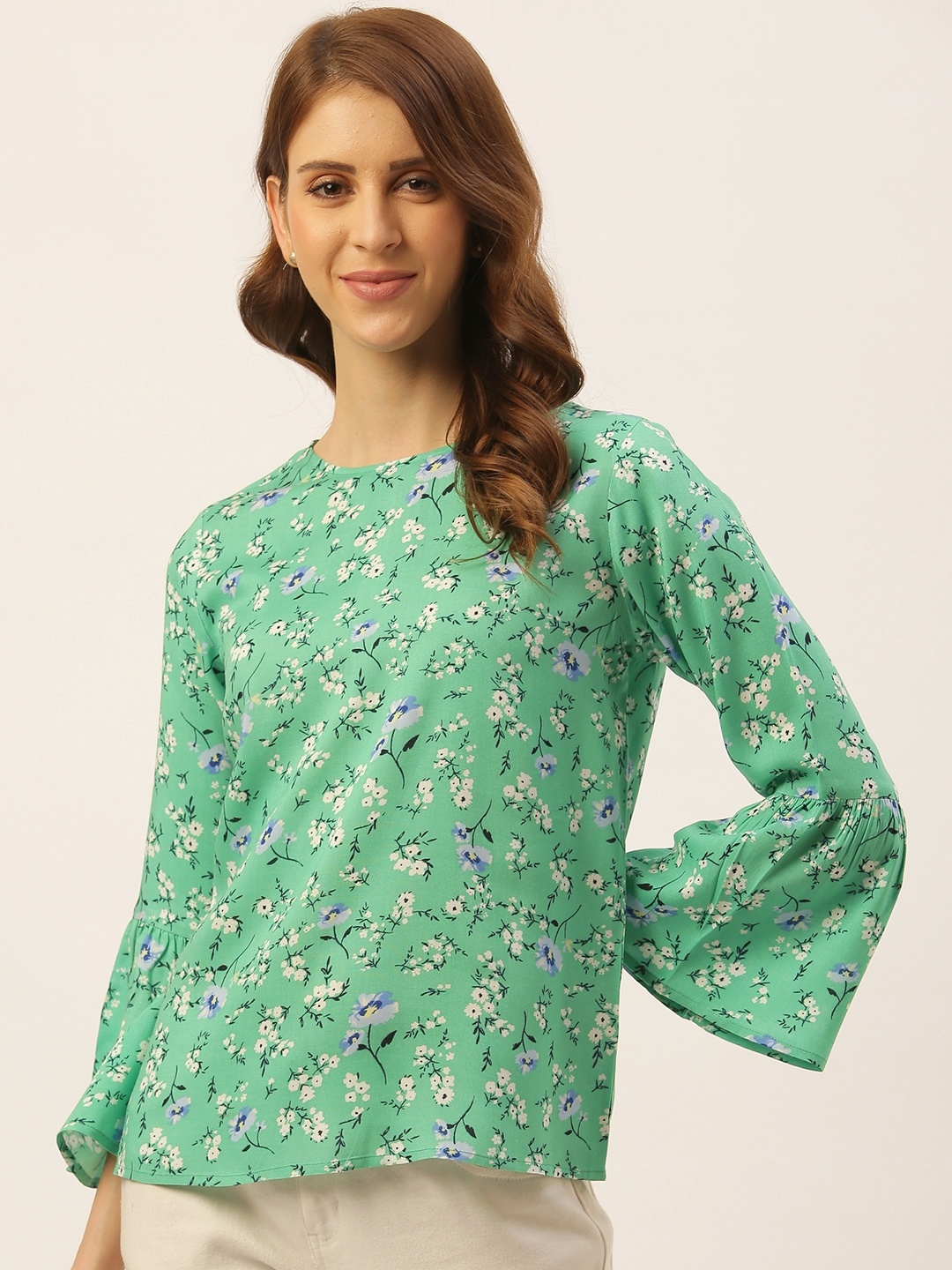

Aayna Women Green & Off-White Floral Print Top