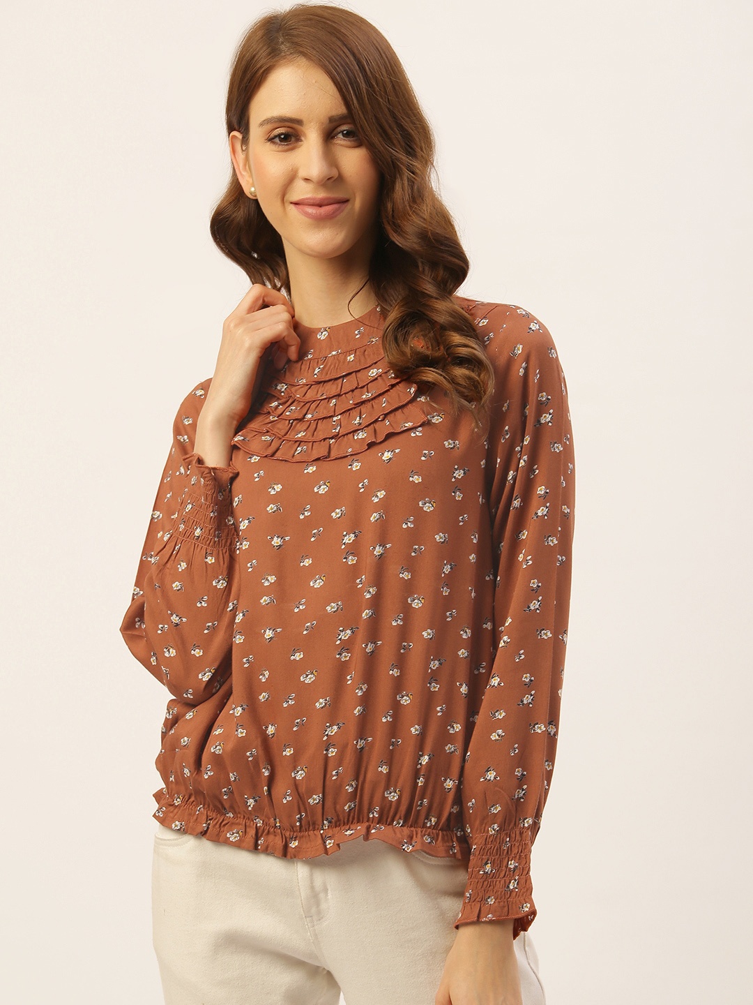 

Aayna Women Brown & White Floral Print Blouson Top