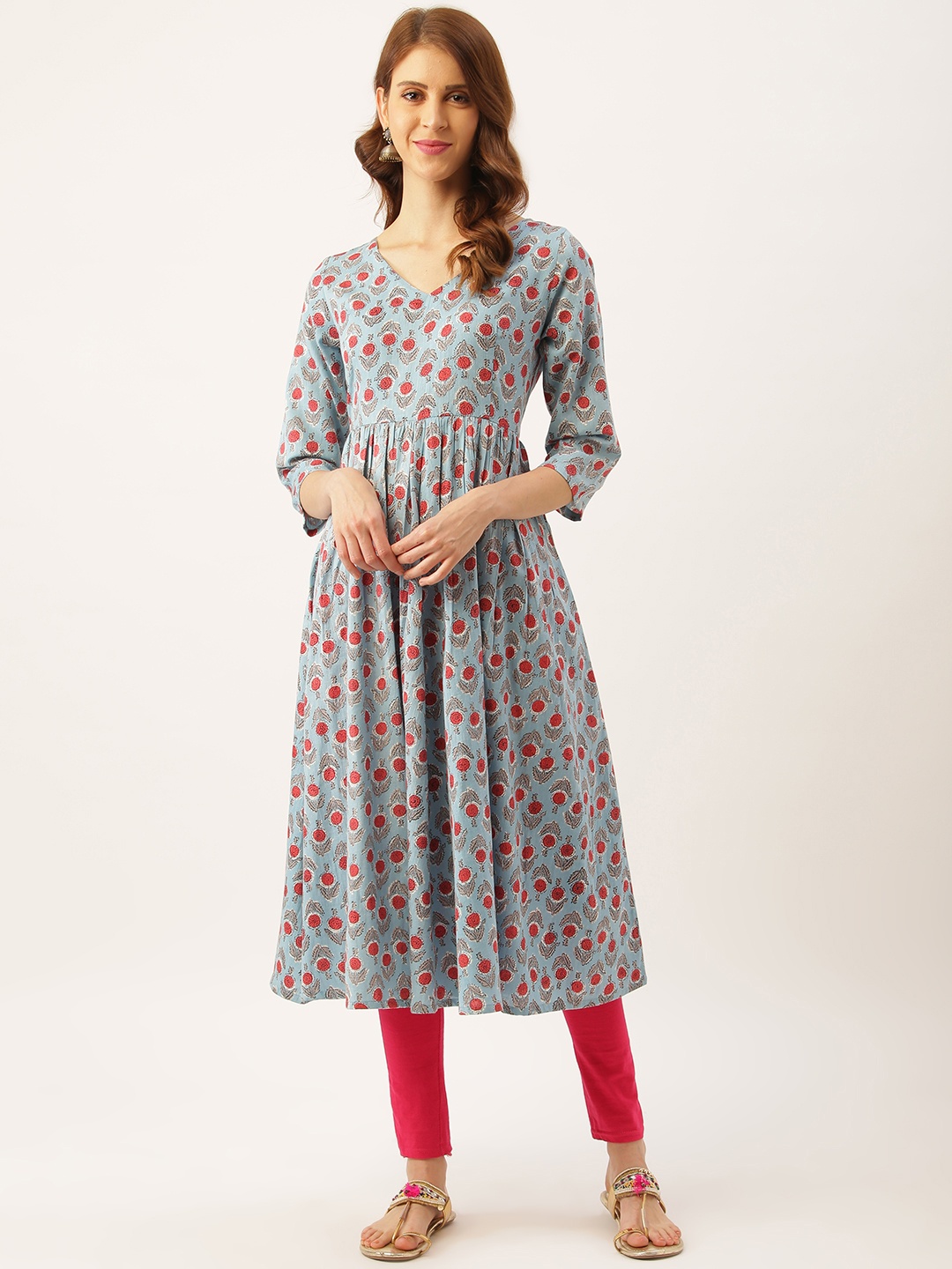 

Aayna Women Blue & Pink Handloom Block Print A-Line Kurta