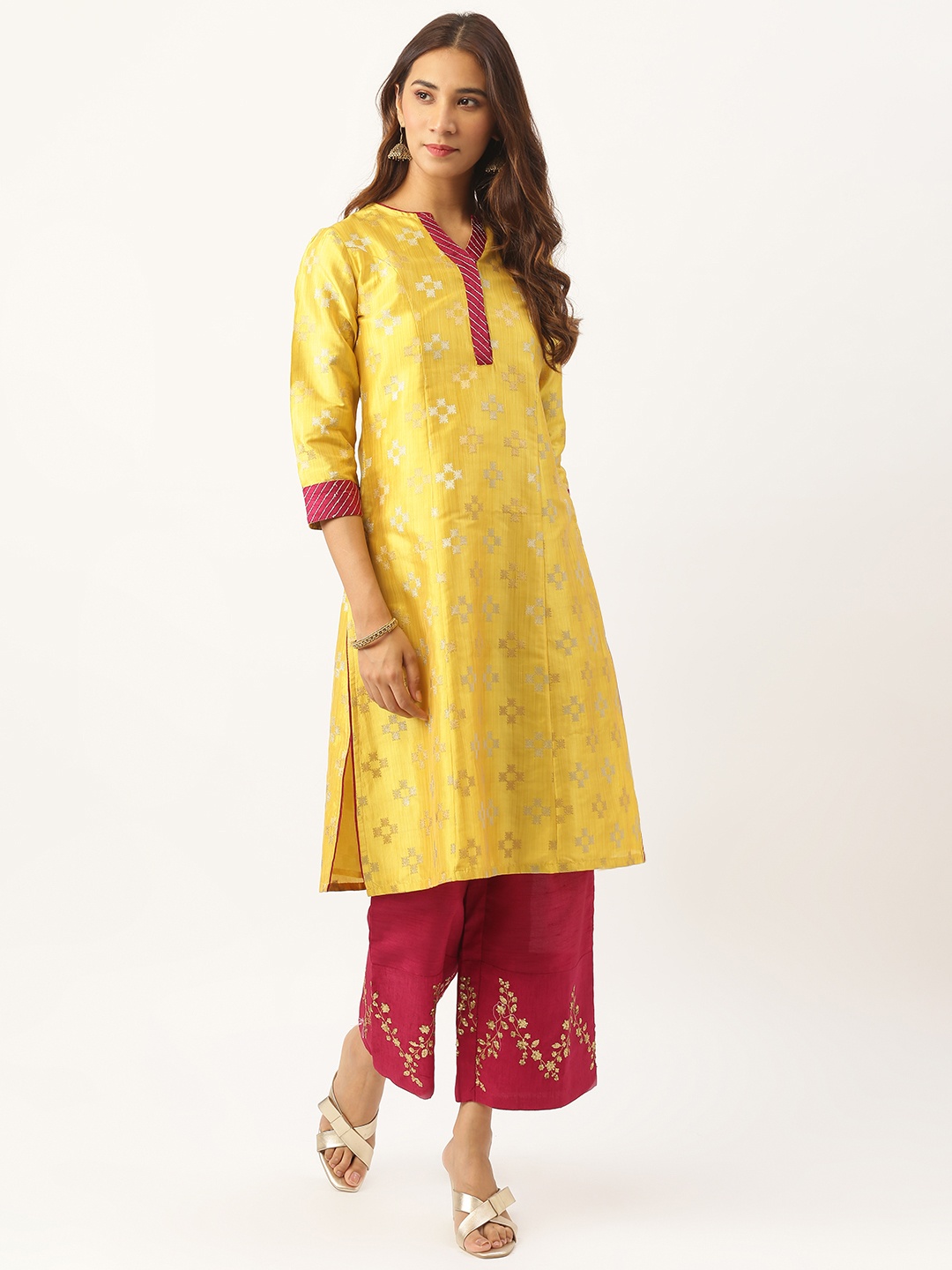 

Aayna Women Yellow & Magenta Self Design Kurta with Palazzos