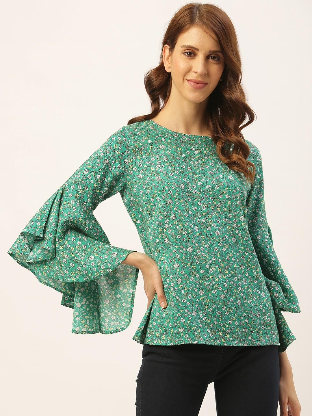 

Aayna Women Green & Off-White Floral Print Top