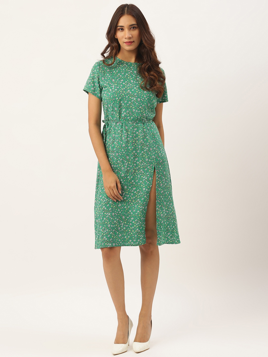 

Aayna Women Green & Yellow Floral Print A-Line Dress