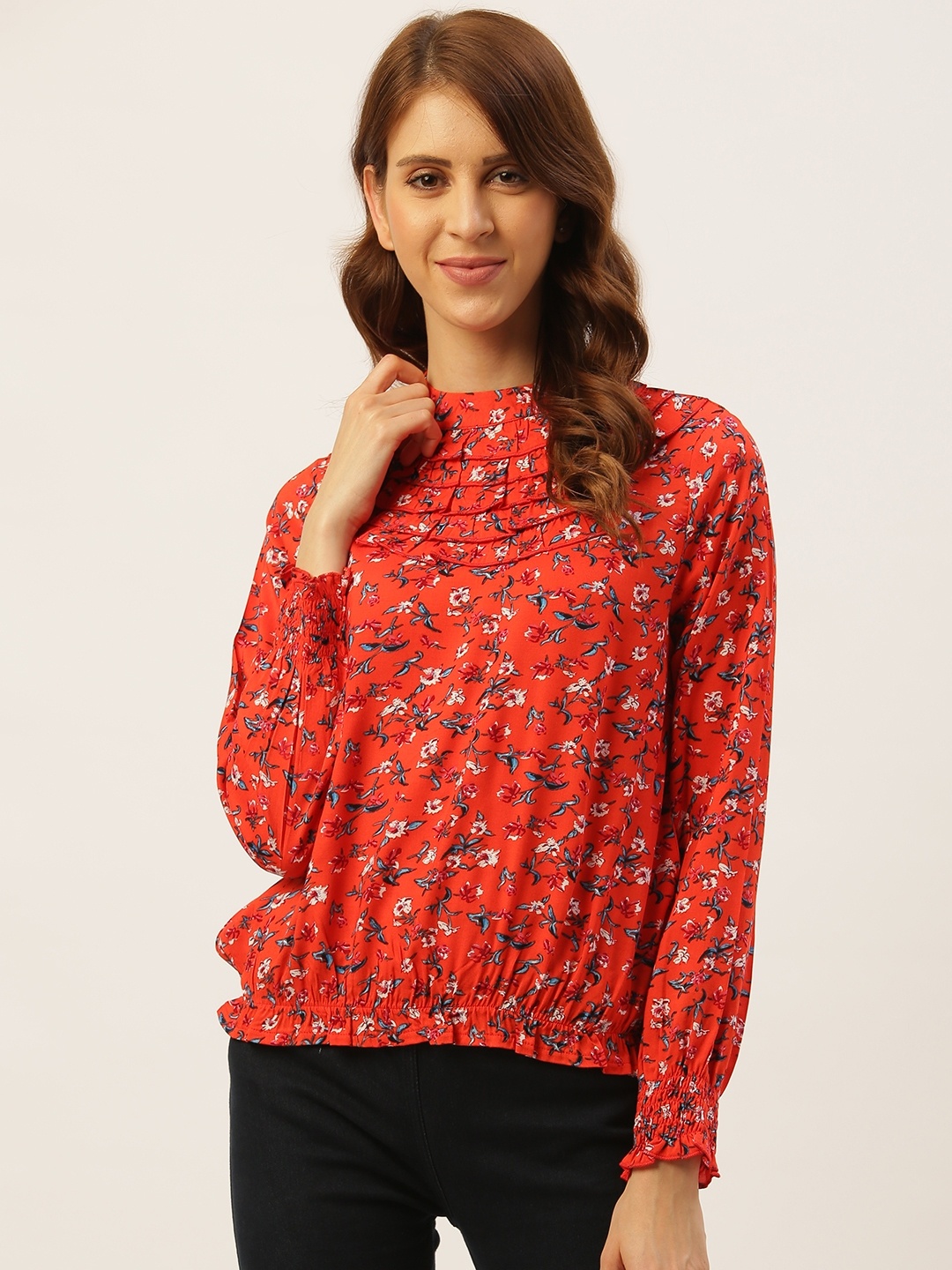 

Aayna Women Red & Blue Floral Print Blouson Top