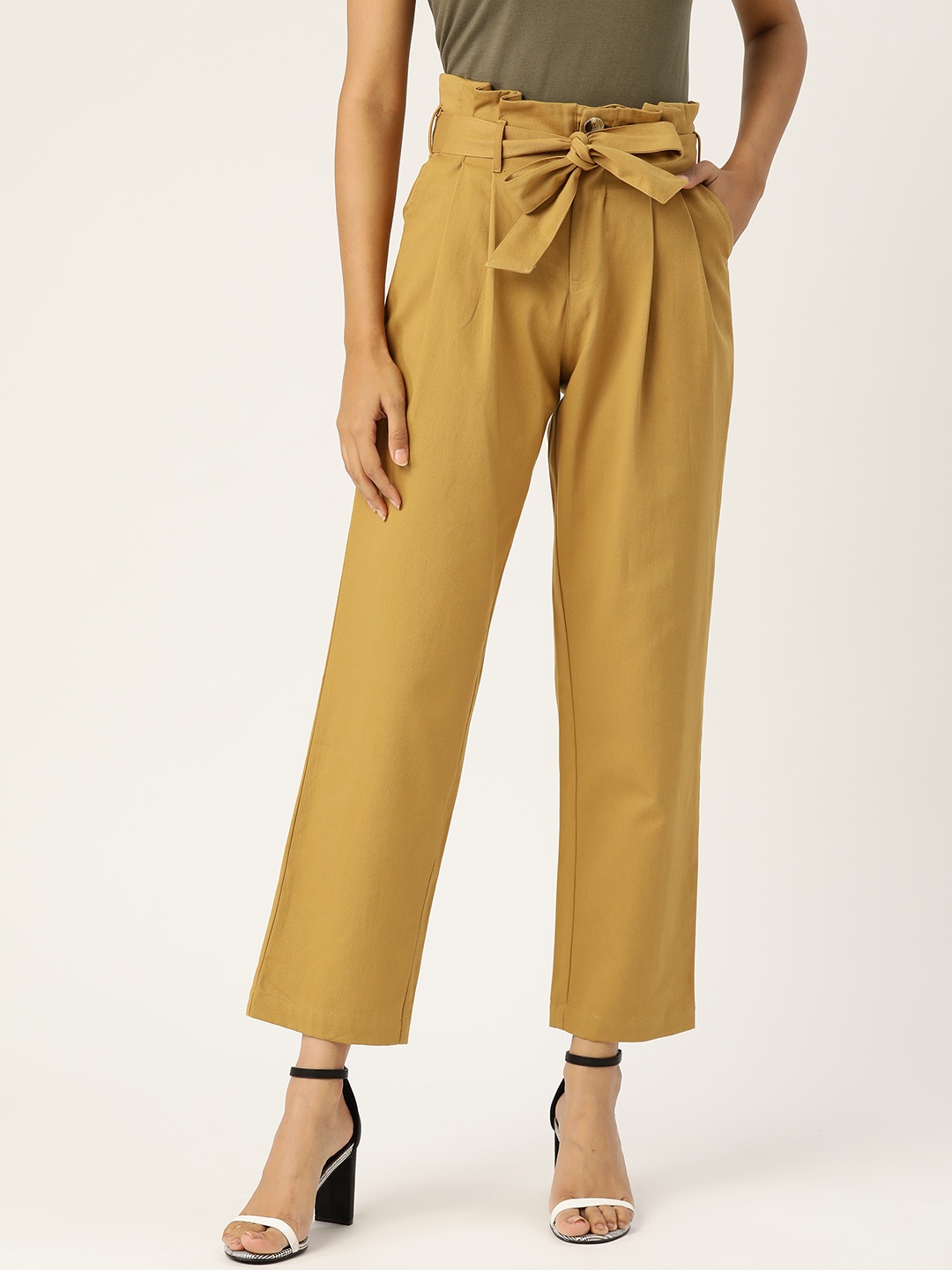 

Aayna Women Mustard Yellow Urban Loose Fit Solid Peg Trousers with Belt