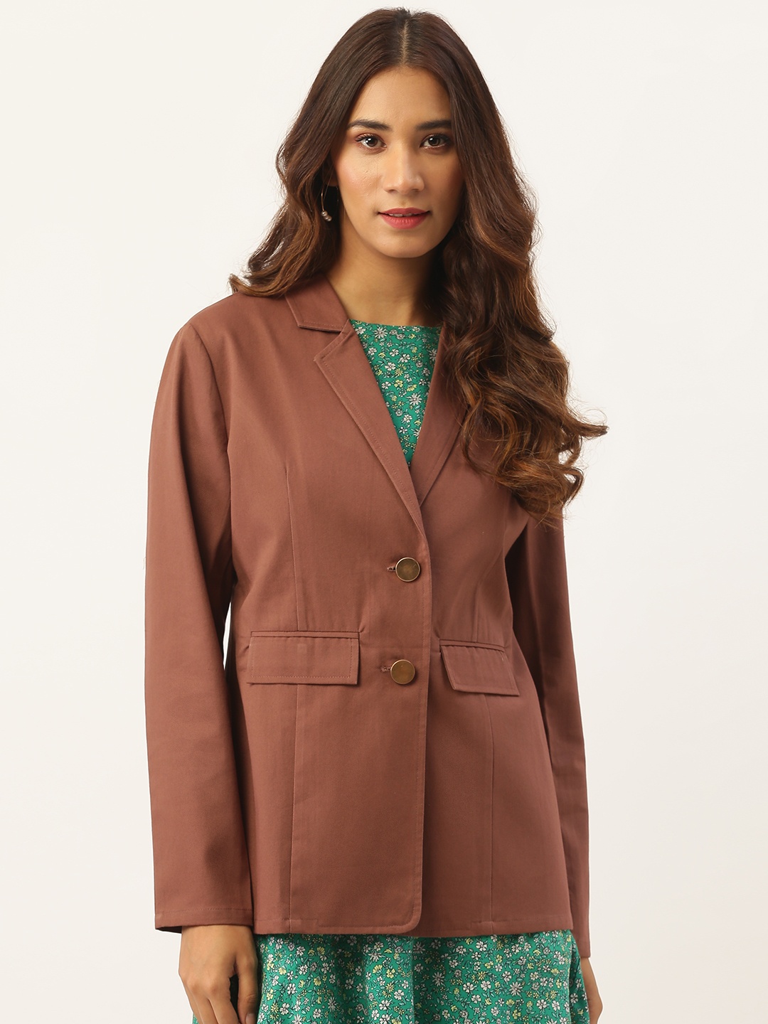 

Aayna Women Brown Solid Single-Breasted Casual Pure Cotton Blazer