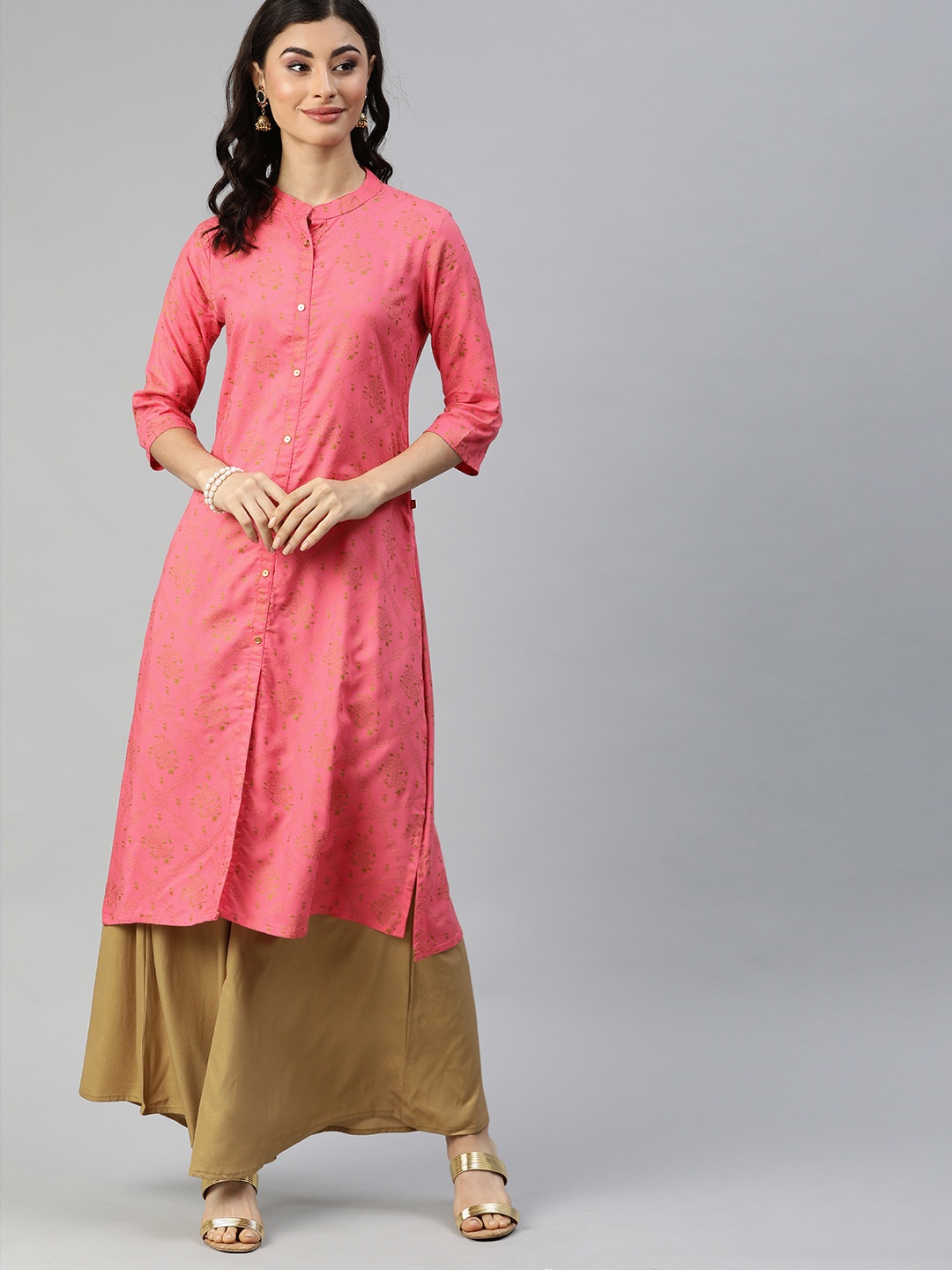 

Alena Women Pink & Green Printed Straight Kurta